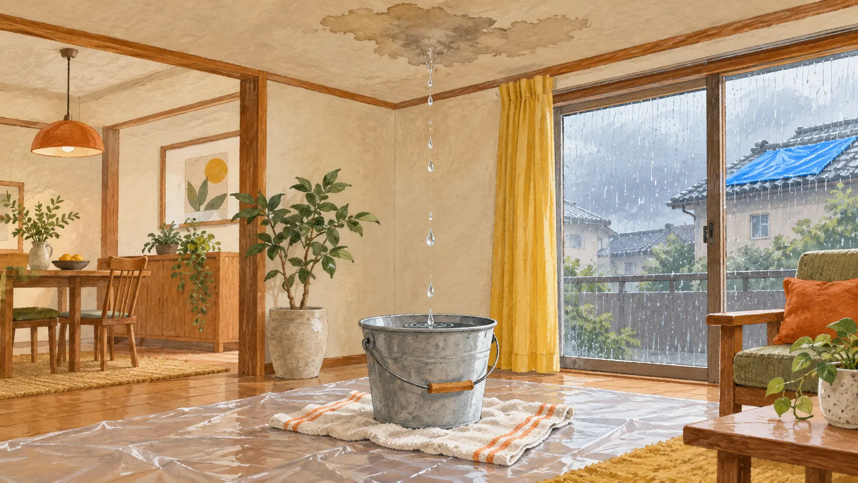 天井のしみから落ちる雨水をバケツとタオルで受けている室内のイラスト