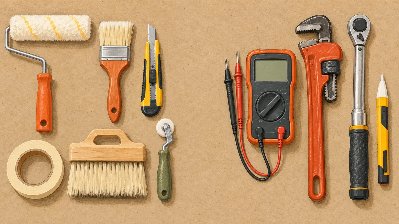 ローラーやカッターなどDIY向けの道具と、テスターやパイプレンチなどプロ向けの道具を分けて並べたイラスト