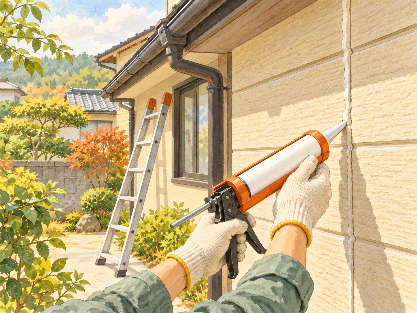 雨どいとコーキングガン、外壁のシーリングのイラスト