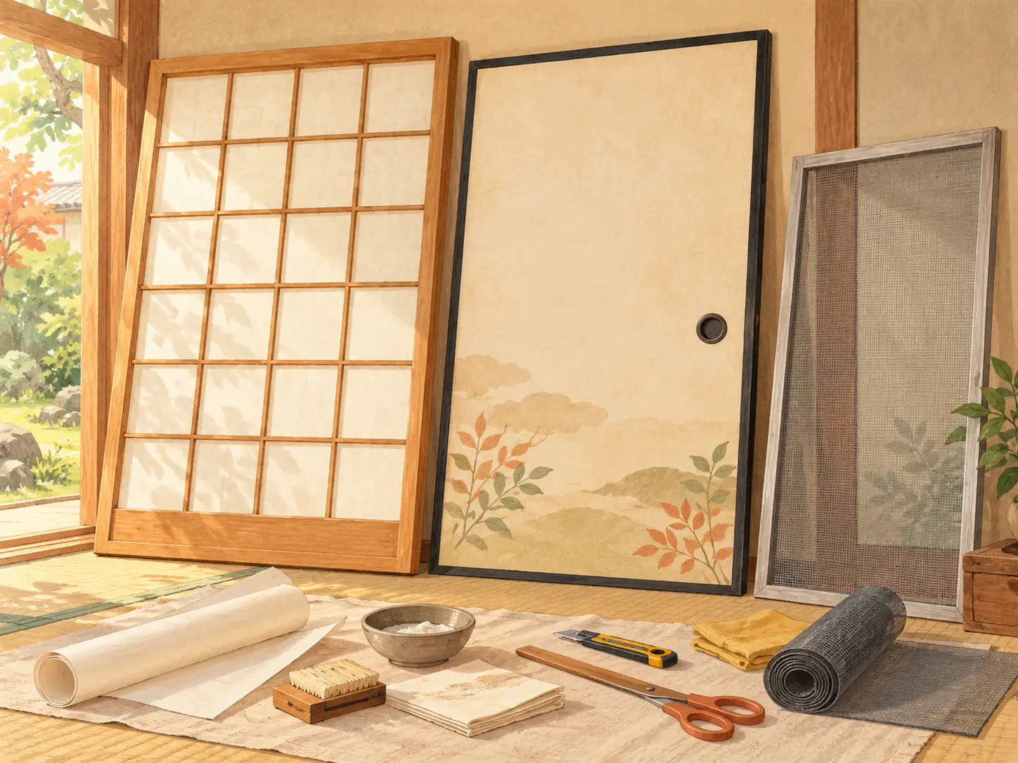 障子・ふすま・網戸と補修道具のイラスト
