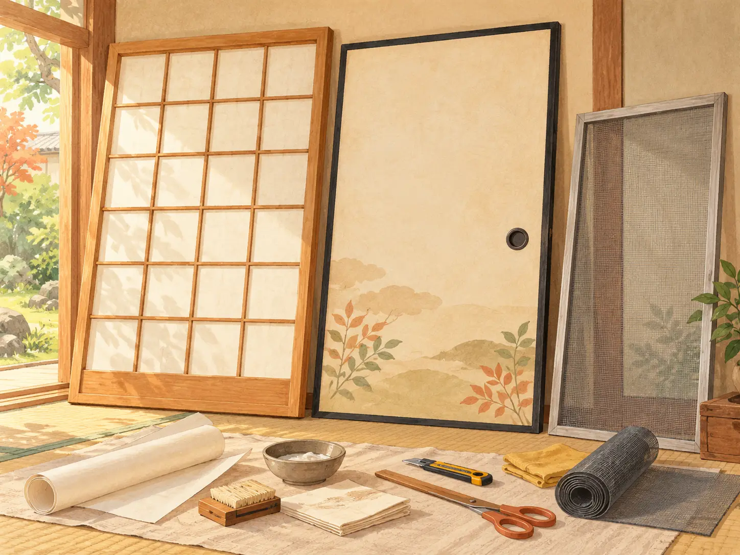 障子・ふすま・網戸と補修道具のイラスト