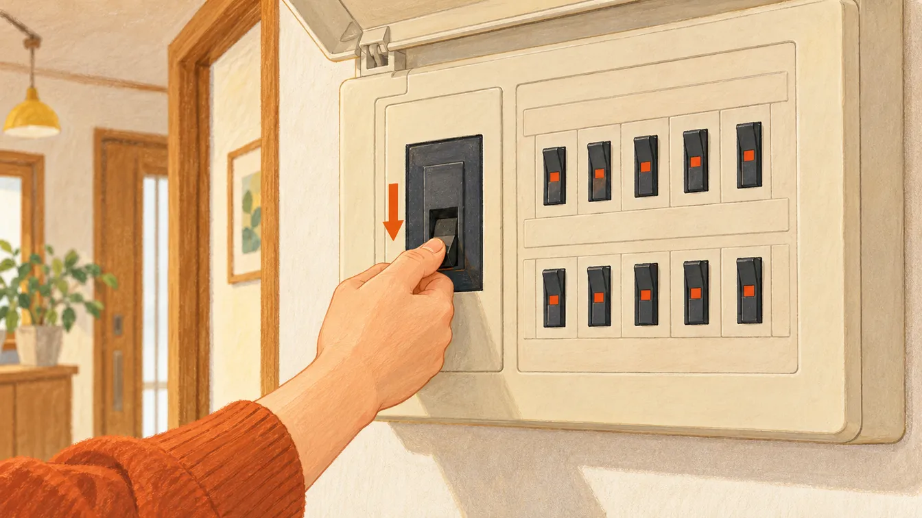 住宅の分電盤で主幹ブレーカーを切っている手元のイラスト